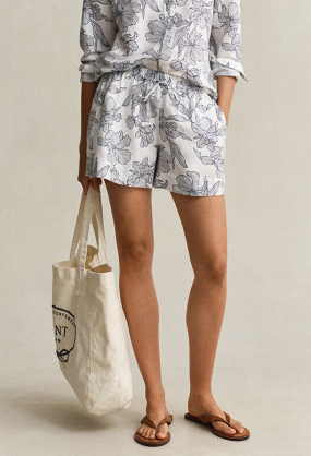 Floral print linen pull on shorts, Evening blue