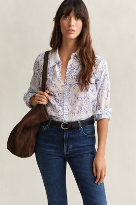 Floral Cotton Silk Shirt, White