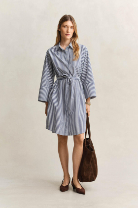 Stripe Poplin Belted Shirt Dress, Rich Navy