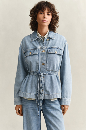 Denim Jacket with Tie Detail, Light Blue Worn In