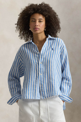 Wide cropped striped linen shirt, White blue multi