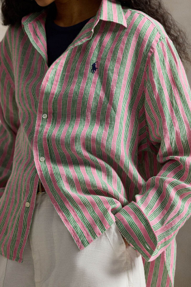 Wide cropped striped linen shirt, Berry green multi