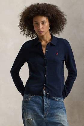 Polo-collar buttoned cardigan, Hunter navy
