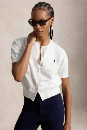 Cotton blend short-sleeve cardigan, White