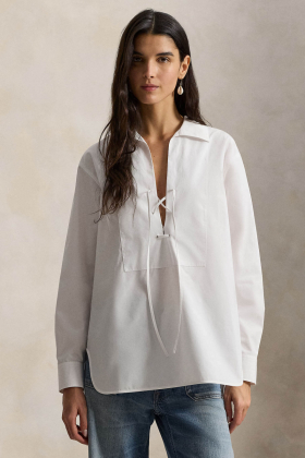 Lace-up bib cotton shirt, White