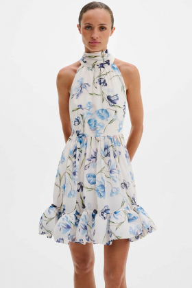 Fern Halterneck Ruffled Mini Dress, Tulip Blue