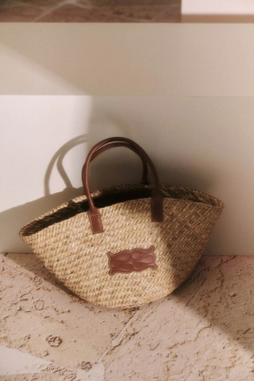 Large Leather Trimmed Monogram Straw Tote, Cognac