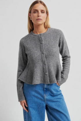 Hiva Peplum Knit Cardigan, Mid Grey Melange